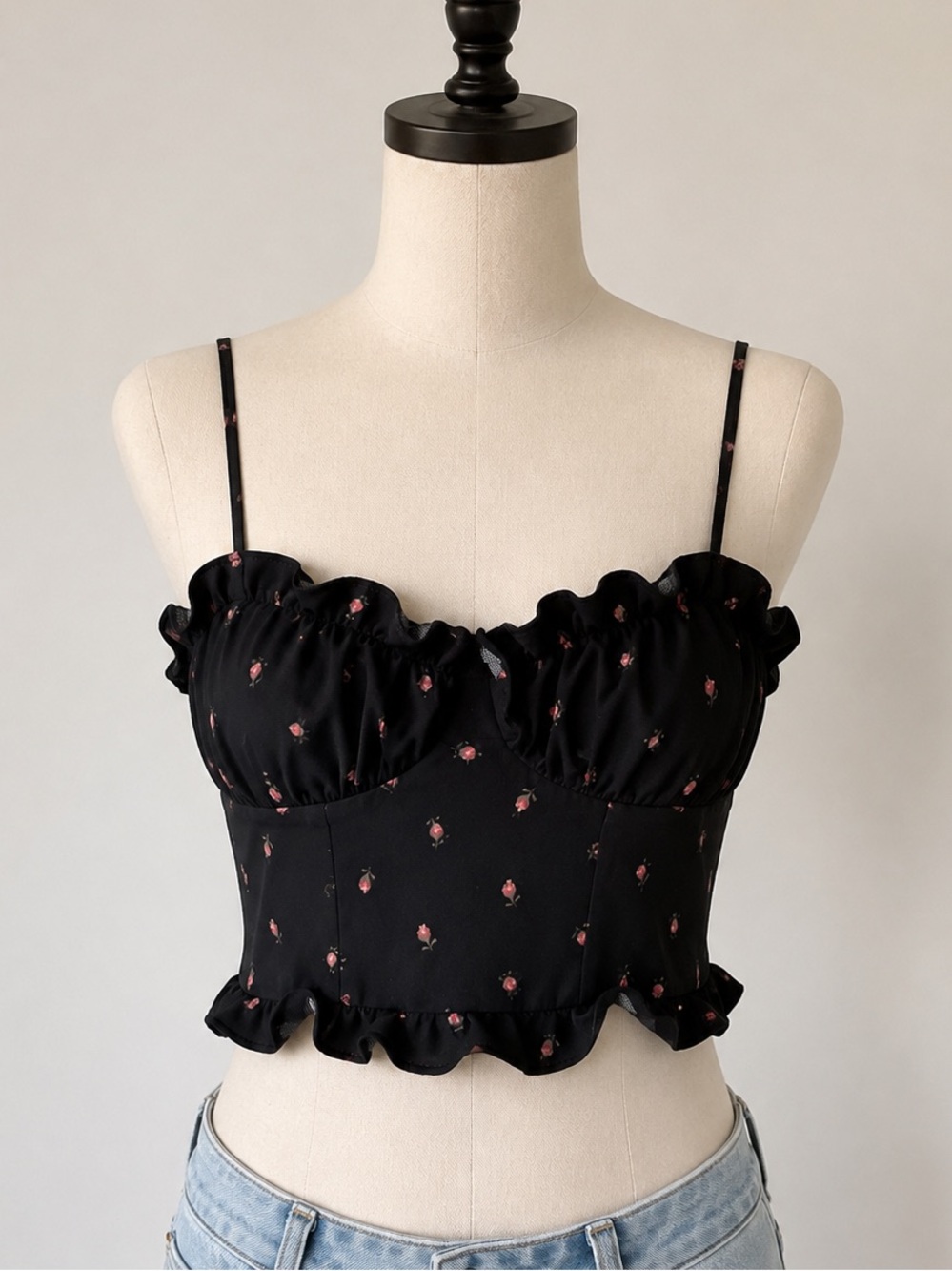 Reformation Black Floral Ruffle Bustier Top